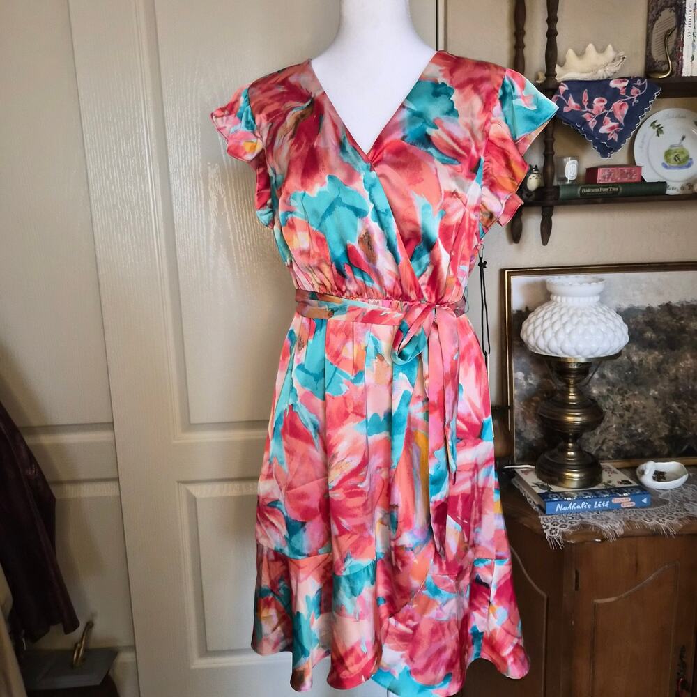 Nicole Miller Pink Magenta and Teal Floral Silk Tie Dress XS